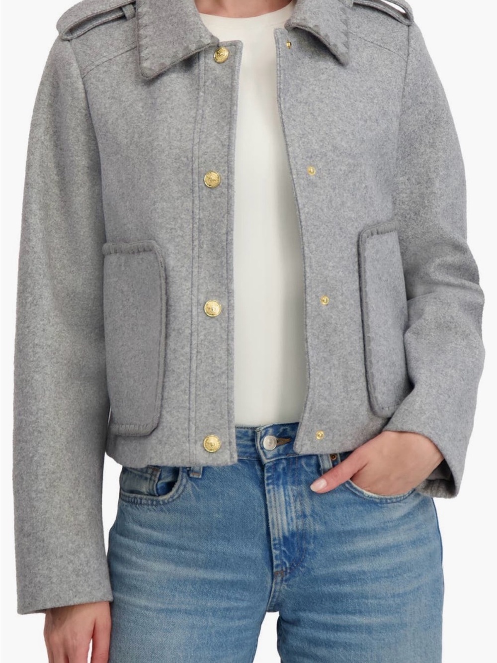 Laundry By Shelli Segal Light Gray Wool-Blend Pea Coat with Gold Buttons